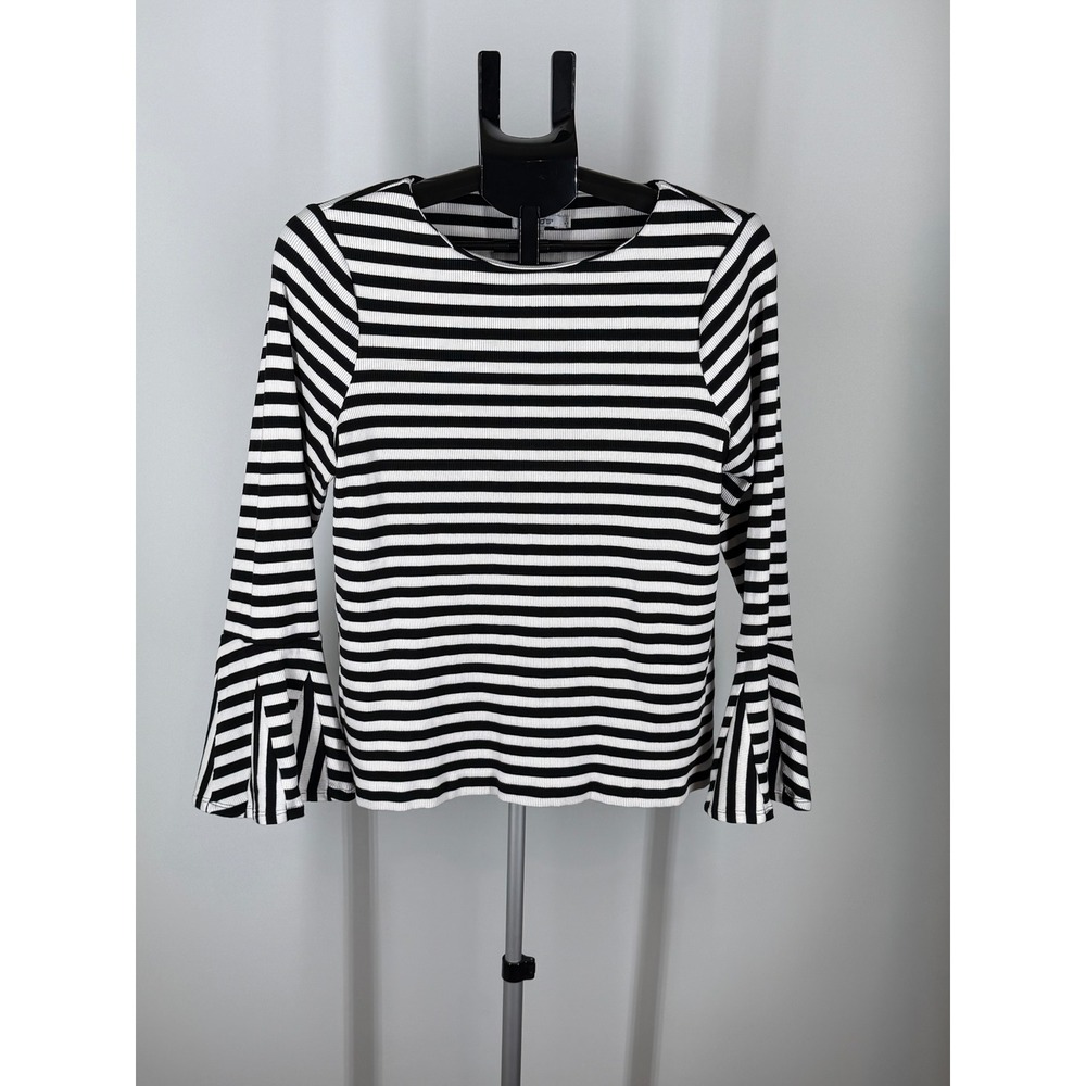 Chicos Black White Striped Ribbed Bell Sleeve Top Split Cuff Size 2 Large